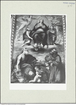 Vorderseite von Sopr. BAS ROMA [https://www.deutsche-digitale-bibliothek.de/content/lizenzen/rv-ez/] Maria Assunta mit den Heiligen Hieronymus und Franziskus von Assisi - , bh488884_recto. Foto.