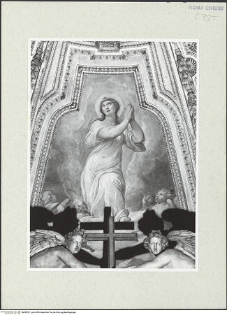 Vorderseite von Sopr. BAS Roma [https://rightsstatements.org/page/CNE/1.0/] Szenen aus der Vita der heiligen SusannaApsiskalotte mit der Glorie der heiligen Susanna, Engeln und Christus, der die Märtyrerkrone hinabreicht - Detail: heilige Susanna, bh489081_recto. Foto.