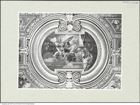 Vorderseite von Sopr. BAS ROMA [https://www.deutsche-digitale-bibliothek.de/content/lizenzen/rv-ez/] Zyklus von Deckengemälden mit Szenen aus der Geschichte des Heiligen KreuzesVorderes Medaillon: Das Wahre Antlitz Christi in der Engelsglorie - , bh489219_recto. Foto.