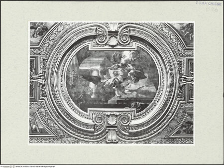 Vorderseite von Sopr. BAS ROMA [https://www.deutsche-digitale-bibliothek.de/content/lizenzen/rv-ez/] Zyklus von Deckengemälden mit Szenen aus der Geschichte des Heiligen KreuzesRückseitiges Medaillon: Das Schweißtuch der Veronika in der Engelsglorie - , bh489220_recto. Foto.