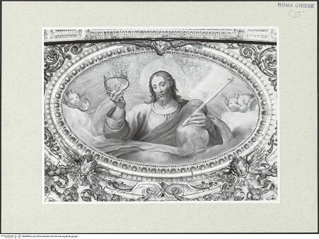 Vorderseite von Sopr. BAS Roma [https://rightsstatements.org/page/CNE/1.0/] Szenen aus der Vita der heiligen SusannaApsiskalotte mit der Glorie der heiligen Susanna, Engeln und Christus, der die Märtyrerkrone hinabreicht - Detail: Christus, bh489694_recto. Foto.