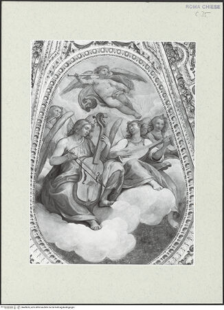 Vorderseite von Sopr. BAS Roma [https://rightsstatements.org/page/CNE/1.0/] Szenen aus der Vita der heiligen SusannaApsiskalotte mit der Glorie der heiligen Susanna, Engeln und Christus, der die Märtyrerkrone hinabreicht - Detail: Engel links, bh489695_recto. Foto.