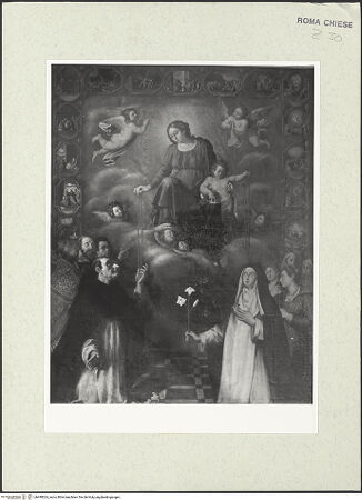 Vorderseite von Sopr. BAS ROMA [https://www.deutsche-digitale-bibliothek.de/content/lizenzen/rv-ez/] Madonna del Rosario mit dem heiligen Dominikus und der heiligen Klara - , bh490024_recto. Foto.