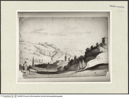 Vorderseite von Rheinisches Bildarchiv [https://www.deutsche-digitale-bibliothek.de/content/lizenzen/rv-ez/] Landschaftsvedute mit Santa Maria del Popolo und dem Obelisco Flaminio - , bh490129_recto. Foto.