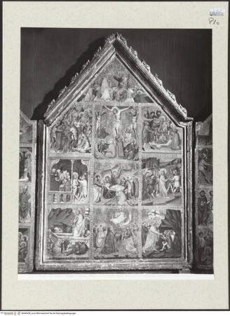Vorderseite von Alinari [https://www.deutsche-digitale-bibliothek.de/content/lizenzen/rv-ez/] Flügelaltärchen mit Szenen aus dem Leben Mariens und Christi - Ansicht der Mitteltafel mit Christusszenen, bh490458_recto. Foto.