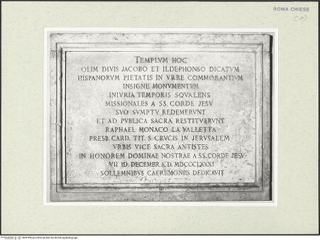 Vorderseite von Sopr. BAS ROMA [https://www.deutsche-digitale-bibliothek.de/content/lizenzen/rv-ez/] Inschrift anläßlich der Neuweihe der Kirche am 7. Dezember 1881 - , bh491000_recto. Foto.