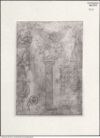 Vorderseite von Museum [https://www.deutsche-digitale-bibliothek.de/content/lizenzen/rv-ez/] Der Erzengel Michael auf einer Säule und andere Motive (Entwurf für eine Seidenweberei) - , bh491871_recto. Foto: Anders, Jörg P..