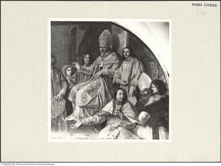 Vorderseite von Sopr. BAS Roma [https://www.deutsche-digitale-bibliothek.de/content/lizenzen/rv-ez/] Heiligsprechung des Francesco Borgia durch Klemens X. - Detail: rechte Bildhälfte, Papst Klemens X. umgeben von Prälaten und Bischöfen, bh491986_recto. Foto.