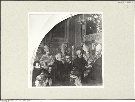 Vorderseite von Sopr. BAS Roma [https://www.deutsche-digitale-bibliothek.de/content/lizenzen/rv-ez/] Heiligsprechung des Francesco Borgia durch Klemens X. - Detail: linke Bildhälfte, bh491987_recto. Foto.