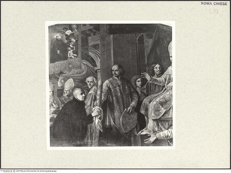 Vorderseite von Sopr. BAS Roma [https://www.deutsche-digitale-bibliothek.de/content/lizenzen/rv-ez/] Heiligsprechung des Francesco Borgia durch Klemens X. - Detail: Bildmitte, ein Jesuit überreicht einem Bischof eine Kerze, bh491988_recto. Foto.