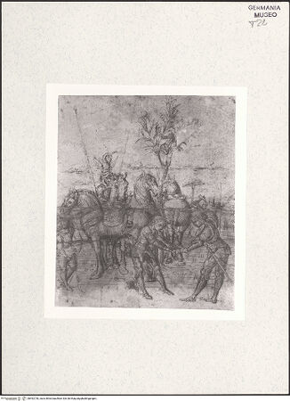 Vorderseite von Kupferstichkabinett [https://www.deutsche-digitale-bibliothek.de/content/lizenzen/rv-ez/] Ritterszene, dabei zwei Männer beim Beschlagen eines Hufes - , bh492730_recto. Foto: Anders, Jörg P..