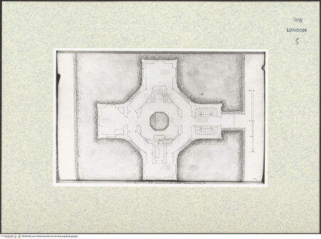 Vorderseite von Courtauld Institute [https://www.deutsche-digitale-bibliothek.de/content/lizenzen/rv-ez/] Varii Disegni d'Architettura...Seite 87: Grundriss eines oktogonalen Villengebäudes - , bh493430_recto. Foto.
