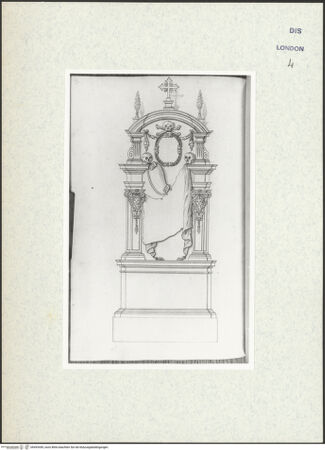 Vorderseite von Courtauld Institute [https://www.deutsche-digitale-bibliothek.de/content/lizenzen/rv-ez/] Varii Disegni d'Architettura...Seite 66: Entwurf für ein Wandgrab in der Form einer Ädikula mit asymmetrischer Anordnung der Inschriftentafeln - , bh493449_recto. Foto.