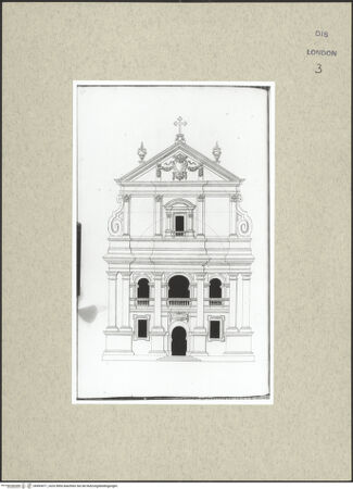 Vorderseite von Courtauld Institute [https://www.deutsche-digitale-bibliothek.de/content/lizenzen/rv-ez/] Varii Disegni d'Architettura...Seite 42: Aufriss einer zweigeschossigen, giebelbekrönten Kirchenfassade mit integrierter Vorhalle - , bh493471_recto. Foto.