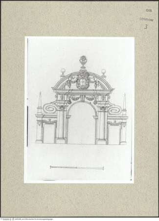 Vorderseite von Courtauld Institute [https://www.deutsche-digitale-bibliothek.de/content/lizenzen/rv-ez/] Varii Disegni d'Architettura...Seite 56: Entwurf für einen Triumphbogen in einer Gartenanlage - , bh493480_recto. Foto.