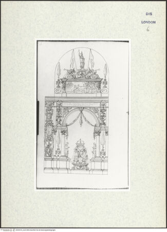 Vorderseite von Courtauld Institute [https://www.deutsche-digitale-bibliothek.de/content/lizenzen/rv-ez/] Varii Disegni d'Architettura...Seite 106: Entwurf für eine ephemere Triumphbogenarchitektur für ein königliches Begräbnis - , bh493576_recto. Foto.
