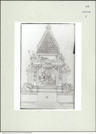 Vorderseite von Courtauld Institute [https://www.deutsche-digitale-bibliothek.de/content/lizenzen/rv-ez/] Varii Disegni d'Architettura...Seite 115: Entwurf für eine ephemere Triumphbogenarchitektur für ein königliches Begräbnis - , bh493578_recto. Foto.