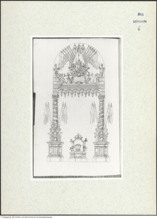Vorderseite von Courtauld Institute [https://www.deutsche-digitale-bibliothek.de/content/lizenzen/rv-ez/] Varii Disegni d'Architettura...Seite 104: Entwurf für eine ephemere Triumphbogenarchitektur für ein königliches Begräbnis - , bh493821_recto. Foto.