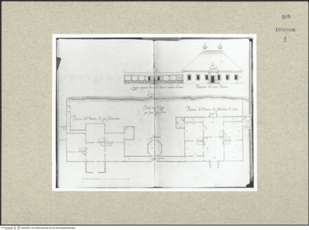 Vorderseite von Courtauld Institute [https://www.deutsche-digitale-bibliothek.de/content/lizenzen/rv-ez/] Varii Disegni d'Architettura...Seiten 2-3: Aufriss und Grundriss eines Landhauses mit Anbauten - , bh493897_recto. Foto.