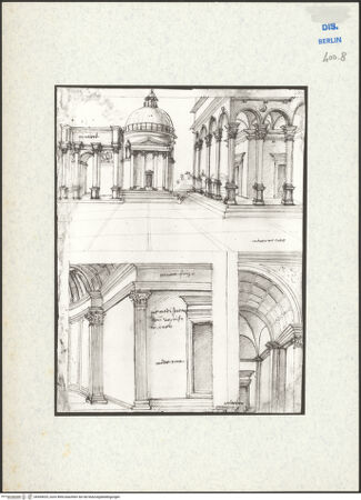 Vorderseite von Kupferstichkabinett [https://www.deutsche-digitale-bibliothek.de/content/lizenzen/rv-ez/] Ideale Platzanlage mit Triumphbogen, Tempietto und Loggia; darunter Ausschnitt eines Kirchenraumes - , bh494025_recto. Foto: Anders, Jörg P..