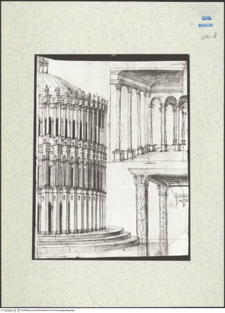 Vorderseite von Kupferstichkabinett [https://www.deutsche-digitale-bibliothek.de/content/lizenzen/rv-ez/] Idealer dreigeschossiger Rundbau, Loggia und Detail eines Vordachs mit zwei Pfeilern - , bh494034_recto. Foto: Anders, Jörg P..