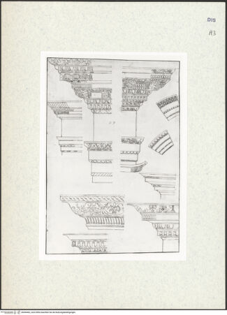 Vorderseite von Courtauld Institute [https://www.deutsche-digitale-bibliothek.de/content/lizenzen/rv-ez/] Houfe AlbumFolio 47: Aufnahmen der Profile verschiedener Gebälkteile und Archivolten - , bh494462_recto. Foto.