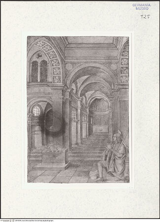 Vorderseite von Kupferstichkabinett [https://www.deutsche-digitale-bibliothek.de/content/lizenzen/rv-ez/] Der heilige Jakob als Pilger in einem Kirchenraum - , bh494546_recto. Foto: Anders, Jörg P..