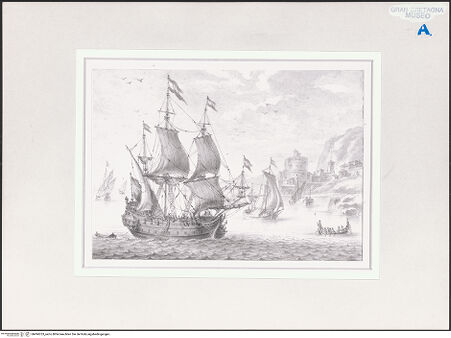 Vorderseite von Royal Collection Enterprises Limited [https://www.deutsche-digitale-bibliothek.de/content/lizenzen/rv-ez/] Kriegsschiffe vor einer italienischen Küsten - , bh494763_recto. Foto.