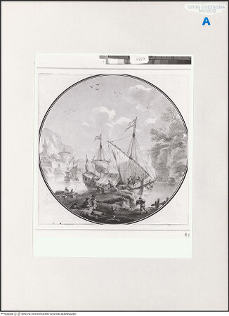 Vorderseite von Royal Collection Enterprises Limited [https://www.deutsche-digitale-bibliothek.de/content/lizenzen/rv-ez/] Ein Segelschiff wird an eine italienische Küste gelöscht - , bh494766_recto. Foto.