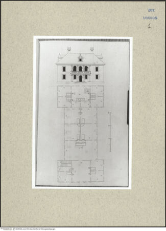 Vorderseite von Courtauld Institute [https://www.deutsche-digitale-bibliothek.de/content/lizenzen/rv-ez/] Varii Disegni d'Architettura...Seite 17: Aufriss der Seitenfassade und Grundriss eines Landhauses mit zweigeschossigen Eckrisaliten - , bh495460_recto. Foto.