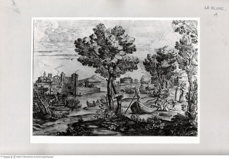 Vorderseite von Hutzel, Max [http://creativecommons.org/publicdomain/mark/1.0/] Flusslandschaft mit Stadt, Ruderboot, Bäumen und Figuren - , bh496147. Foto: Hutzel, Max.