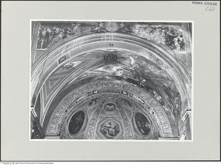 Vorderseite von Sopr. BAS ROMA [https://www.deutsche-digitale-bibliothek.de/content/lizenzen/rv-ez/] Gewölbefresken - Vierungsbogen: Kardinaltugenden und Augustinersymbole, bh497278_recto. Foto.