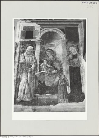 Vorderseite von Sopr. BAS ROMA [https://www.deutsche-digitale-bibliothek.de/content/lizenzen/rv-ez/] Madonna mit Kind zwischen den Heiligen Francesca Romana und Benedikt - , bh497878_recto. Foto.