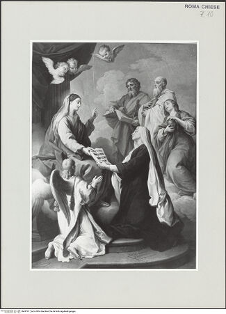 Vorderseite von Sopr. BAS ROMA [https://www.deutsche-digitale-bibliothek.de/content/lizenzen/rv-ez/] Francesca Romana nimmt aus den Händen Mariens die Regel ihrer Kongregation entgegen - , bh497917_recto. Foto.