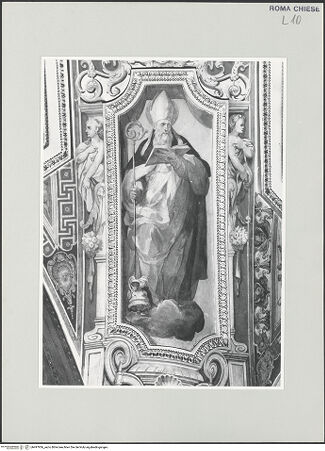 Vorderseite von Sopr. BAS ROMA [https://www.deutsche-digitale-bibliothek.de/content/lizenzen/rv-ez/] Gewölbedekoration mit Szenen aus dem Leben des heiligen Nikolaus von TolentinoDie vier KirchenväterAugustinus - , bh497936_recto. Foto.