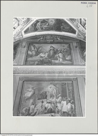 Vorderseite von Sopr. BAS ROMA [https://www.deutsche-digitale-bibliothek.de/content/lizenzen/rv-ez/] Zwei Szenen aus dem Leben des heiligen Nikolaus von TolentinoWunderbare Heilung des Nikolaus von Tolentino zwischen den Allegorien der Einsicht und der Hoffnung - , bh497939_recto. Foto.