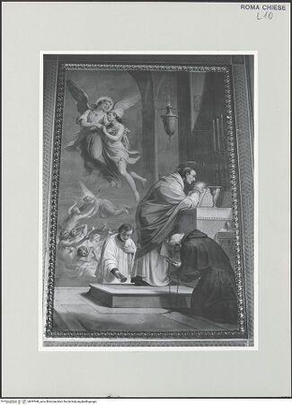 Vorderseite von Sopr. BAS ROMA [https://www.deutsche-digitale-bibliothek.de/content/lizenzen/rv-ez/] Szenen aus dem Leben des heiligen Nikolaus von TolentinoVision des heiligen Nikolaus von Tolentino wärend einer Messe - , bh497940_recto. Foto.