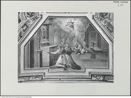 Vorderseite von Sopr. BAS ROMA [https://www.deutsche-digitale-bibliothek.de/content/lizenzen/rv-ez/] Gewölbedekoration mit Szenen aus dem Leben des heiligen Nikolaus von TolentinoDer heilige Nikolaus von Bari erscheint den Eltern des heiligen Nikolaus von Tolentino - , bh497943_recto. Foto.