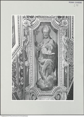 Vorderseite von Sopr. BAS ROMA [https://www.deutsche-digitale-bibliothek.de/content/lizenzen/rv-ez/] Gewölbedekoration mit Szenen aus dem Leben des heiligen Nikolaus von TolentinoDie vier KirchenväterHeiliger Ambrosius - , bh497944_recto. Foto.