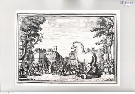 Vorderseite von Istituto Nazionale per la Grafica [http://creativecommons.org/publicdomain/mark/1.0/] Il Greco in Troia, festa teatrale rappresentata in Firenze ...1. Akt, 1. Szene: Das trojanische Pferd vor den Mauern der Stadt. Priamus und das Volk. - , bh498235. Foto.