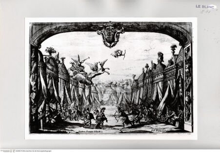 Vorderseite von Istituto Nazionale per la Grafica [http://creativecommons.org/publicdomain/mark/1.0/] La Caduta del Regno dell'Amazzoni3. Akt, 14. (13. ?) Szene: Zeltlager. Beginn der Schlacht. Pegasus zieht den Wagen der Fama. Flug des Hymenäus. - , bh498379. Foto.