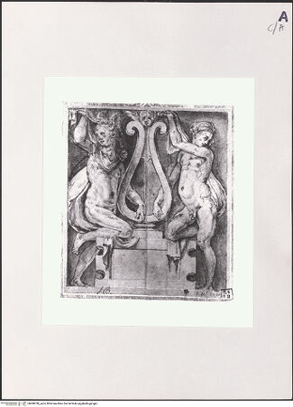 Vorderseite von Bibliotheca Hertziana [https://www.deutsche-digitale-bibliothek.de/content/lizenzen/rv-fz/] Studie zweier Karyatiden, die eine Harfe flankieren - , bh498798_recto. Foto.