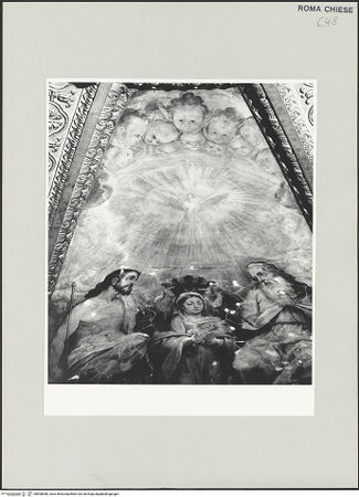 Vorderseite von Sopr. BAS ROMA [https://www.deutsche-digitale-bibliothek.de/content/lizenzen/rv-ez/] Ausmalung der Wölbung von Apsis und ChorjochMarienkrönung - Detail, während der Restaurierung 1986, bh500068_recto. Foto.