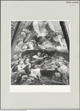 Vorderseite von Sopr. BAS ROMA [https://www.deutsche-digitale-bibliothek.de/content/lizenzen/rv-ez/] Ausmalung der Wölbung von Apsis und ChorjochMarientod - Detail, während der Restaurierung 1986, bh500083_recto. Foto.