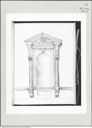 Vorderseite von Centre Canadien d'Architecture [https://www.deutsche-digitale-bibliothek.de/content/lizenzen/rv-ez/] Berrettini, Pietro, studi d'architettura e disegni originaliÄdikula vom Erdgeschoss der Südtribuna von St. Peter - , bh500589_recto. Foto.