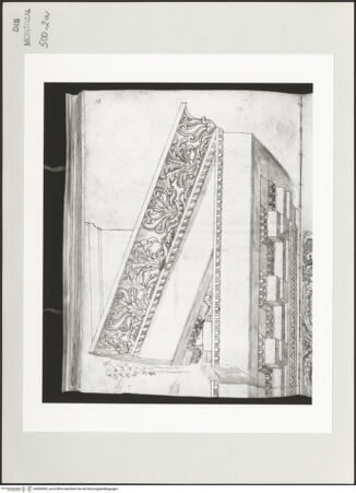 Vorderseite von Centre Canadien d'Architecture [https://www.deutsche-digitale-bibliothek.de/content/lizenzen/rv-ez/] Berrettini, Pietro, studi d'architettura e disegni originaliGiebelecke des Frontispicium Neronis - , bh500900_recto. Foto.