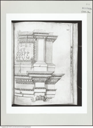 Vorderseite von Centre Canadien d'Architecture [https://www.deutsche-digitale-bibliothek.de/content/lizenzen/rv-ez/] Berrettini, Pietro, studi d'architettura e disegni originaliAttika des Septimus-Severus-Bogens - , bh500914_recto. Foto.