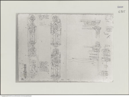 Vorderseite von Städelsches Kunstinstitut und Städtische Galerie [https://www.deutsche-digitale-bibliothek.de/content/lizenzen/rv-ez/] Sammlung von Umrissen und Durchzeichnungen, dienend zur Geschichte der bildenden Künste des Mittelalters in Italien, gezeichnet von J.A. Ramboux aus Trier in den Jahren 1818 bis 1822 und den Jahren 1833 bis 1843Seiteobere Zeichnung: heiliger Ludwig von Toulouse und Christus; heiliger Ludwig von Toulouse und Franziskus; Skizzen eines Altarziboriums - , bh501332_recto. Foto.