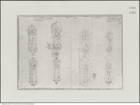Vorderseite von Städelsches Kunstinstitut und Städtische Galerie [https://www.deutsche-digitale-bibliothek.de/content/lizenzen/rv-ez/] Sammlung von Umrissen und Durchzeichnungen, dienend zur Geschichte der bildenden Künste des Mittelalters in Italien, gezeichnet von J.A. Ramboux aus Trier in den Jahren 1818 bis 1822 und den Jahren 1833 bis 1843Seiteuntere Zeichnung: Figurenscheiben eines Fensters: Maria, Salome, Antonius, Margarete, Petronilla, Katharina von Alexandrien, weibliche Heilige, Lucia, Agnes - , bh501333_recto. Foto.