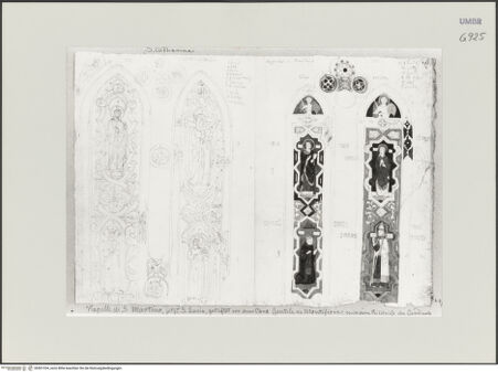 Vorderseite von Städelsches Kunstinstitut und Städtische Galerie [https://www.deutsche-digitale-bibliothek.de/content/lizenzen/rv-ez/] Sammlung von Umrissen und Durchzeichnungen, dienend zur Geschichte der bildenden Künste des Mittelalters in Italien, gezeichnet von J.A. Ramboux aus Trier in den Jahren 1818 bis 1822 und den Jahren 1833 bis 1843Seiteobere Zeichnung: Maria, Agnes, Cäcilia und Thekla; Christus, Maria, Giovanni di Partino da Montefiore, Papst Martin I. - , bh501334_recto. Foto.
